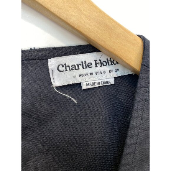 Charlie Holiday Women's Cherry Black Linen Flutter Sleeve Midi Dress Size 6 - Picture 5 of 8